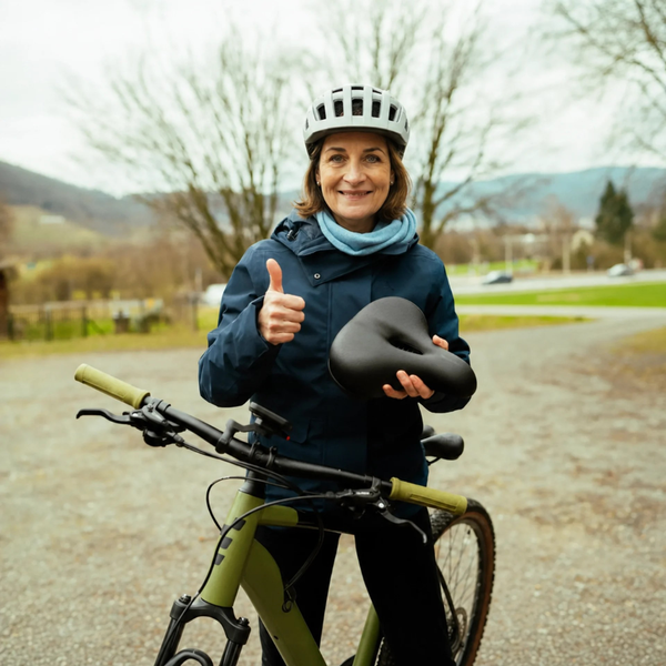 [comfort] Femme cycliste tenant la selle SelloZen Comfort Plus
